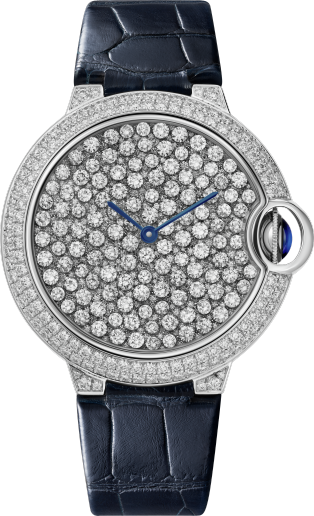 Reloj Ballon Bleu de Cartier 37 mm, movimiento mecánico automático, oro blanco, diamantes, correa de piel de aligátor